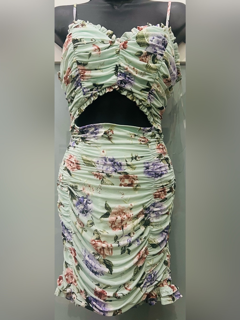 FASHION NOVA Floral Ruched Cutout Mini Dress - Mint Green